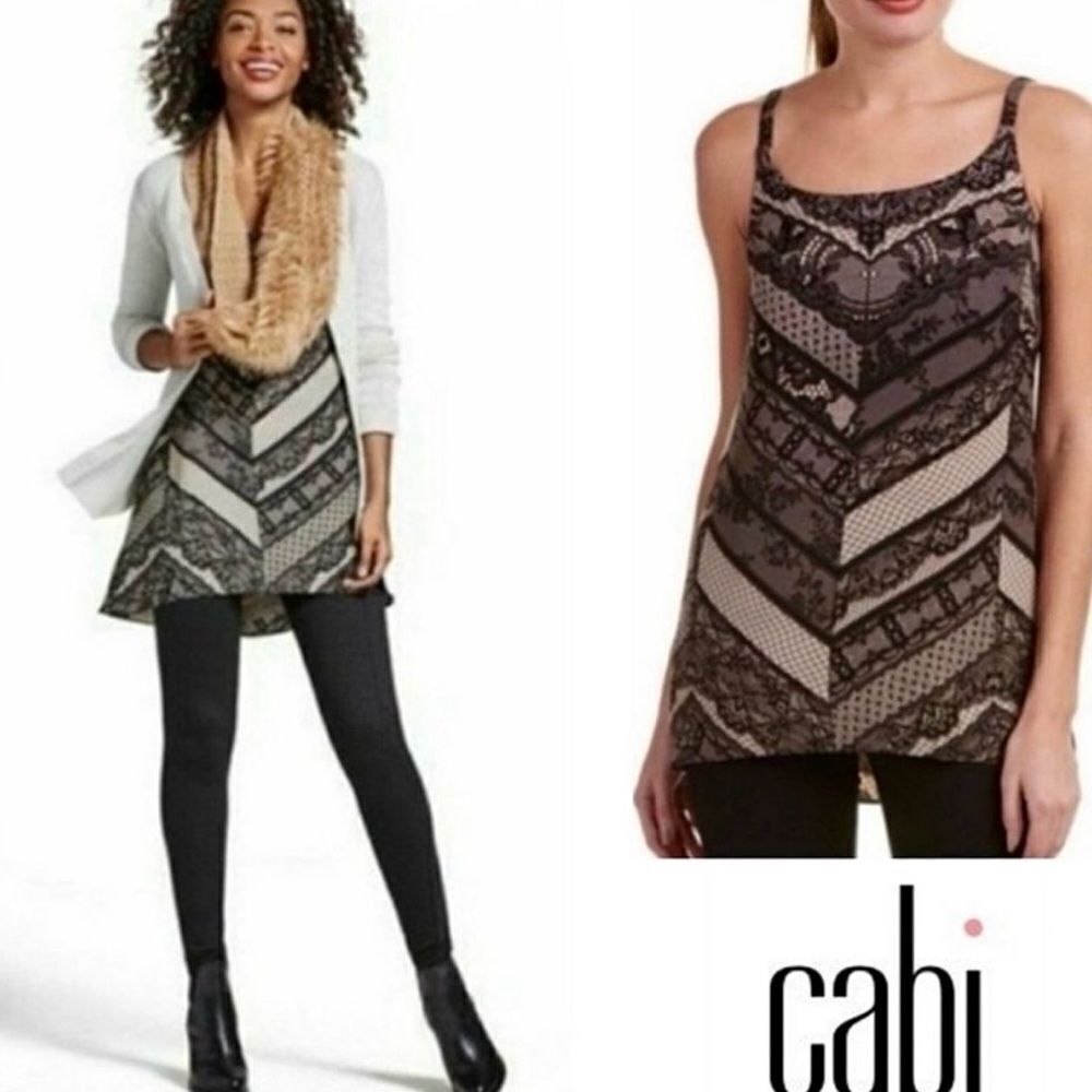 CAbi Morocco long tan tank top with black lace overlay size Small
